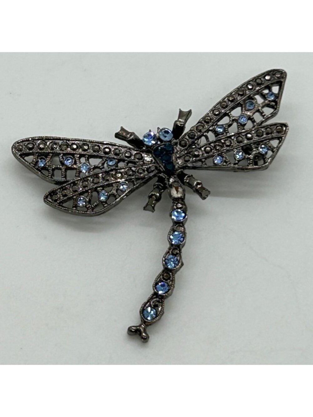 Blue Rhinestone Dragonfly Pin Gunmetal Gray Crystal Insect Filigree Statement